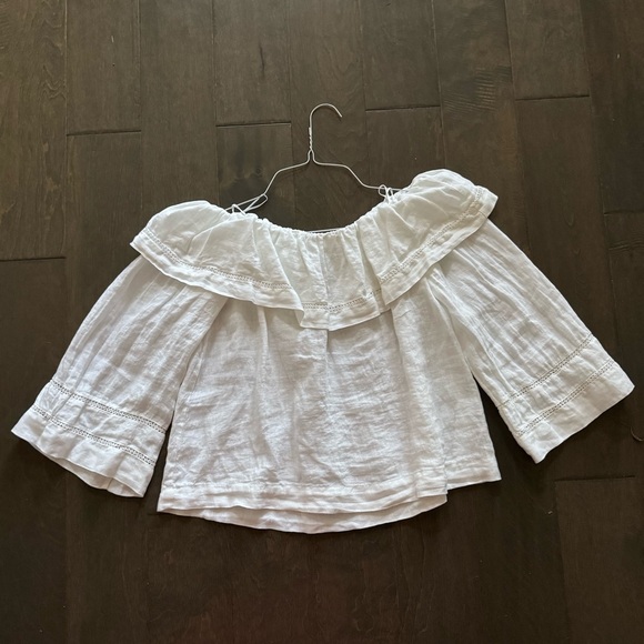 ZARA 100% Linen White Off-Shoulder Ruffle Lace Cropped Bell Sleeve Top Women XS - Picture 5 of 5